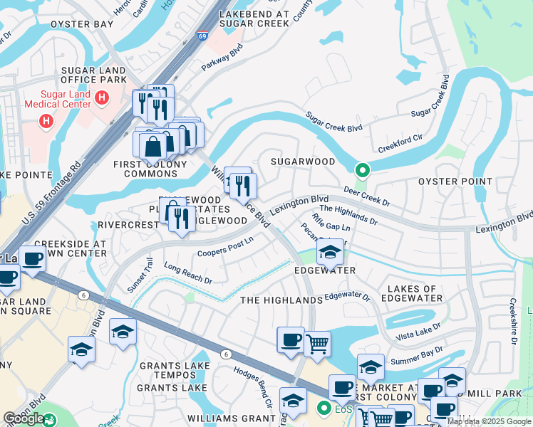 map of restaurants, bars, coffee shops, grocery stores, and more near 15070 Lexington Boulevard in Sugar Land