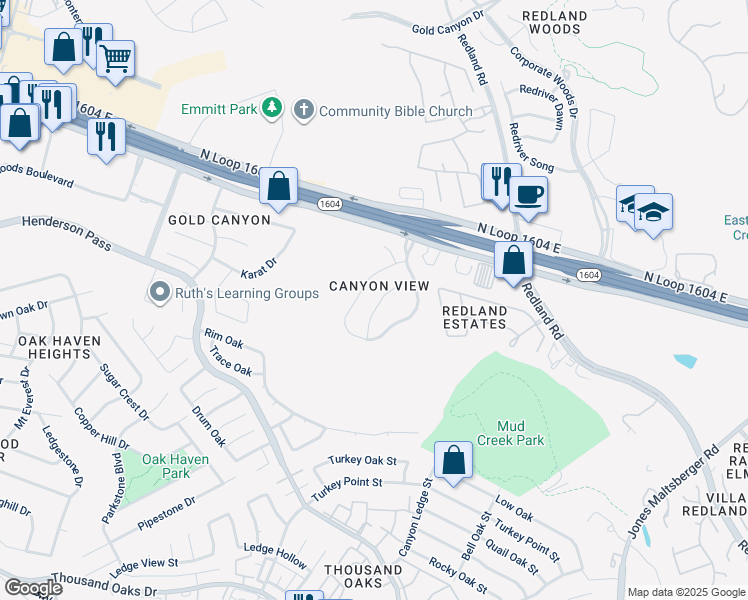 map of restaurants, bars, coffee shops, grocery stores, and more near 17431 Emerald Canyon Drive in San Antonio