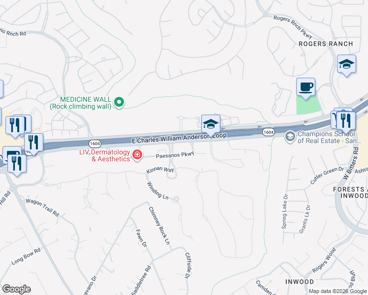 map of restaurants, bars, coffee shops, grocery stores, and more near 3424 Paesanos Parkway in San Antonio