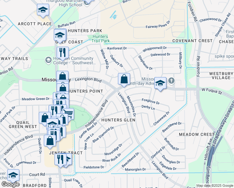 map of restaurants, bars, coffee shops, grocery stores, and more near 1907 Hammerwood Drive in Missouri City