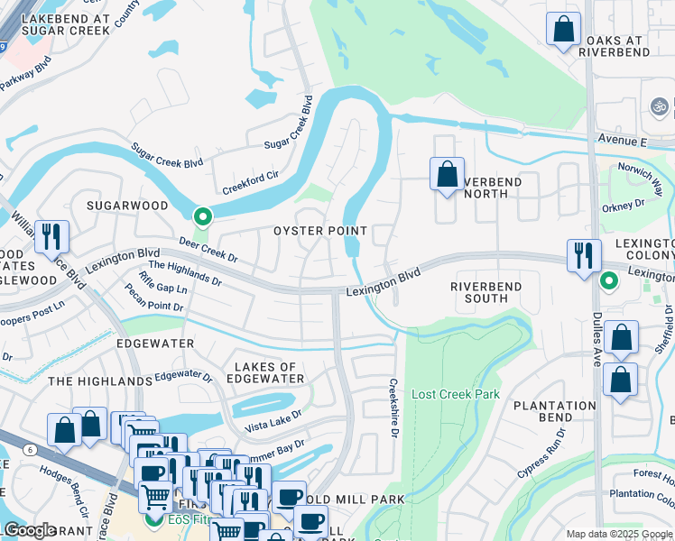 map of restaurants, bars, coffee shops, grocery stores, and more near 3418 Clearwater Court in Sugar Land