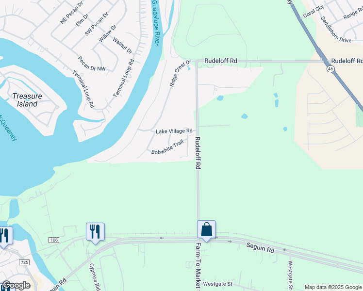map of restaurants, bars, coffee shops, grocery stores, and more near 141 Bobwhite Trail in Seguin
