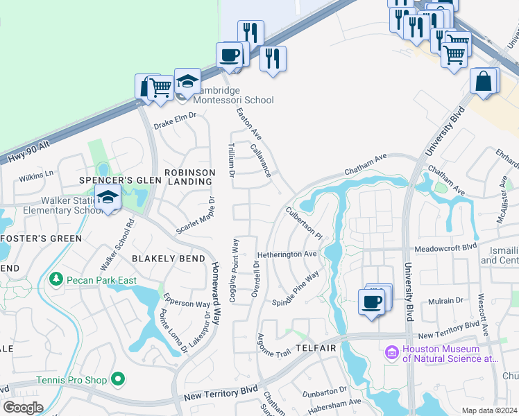 map of restaurants, bars, coffee shops, grocery stores, and more near 6834 Fitzgerald Court in Sugar Land