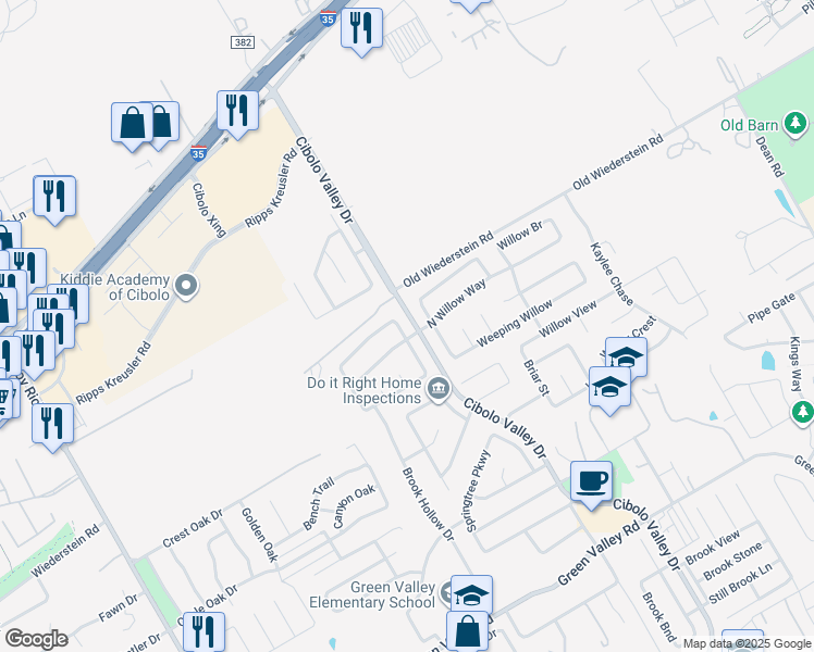 map of restaurants, bars, coffee shops, grocery stores, and more near 116 Bridge Crossing in Cibolo