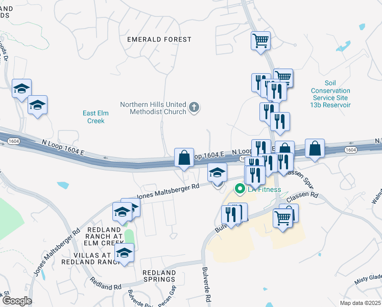 map of restaurants, bars, coffee shops, grocery stores, and more near 3607 Texas 1604 Access Road in San Antonio