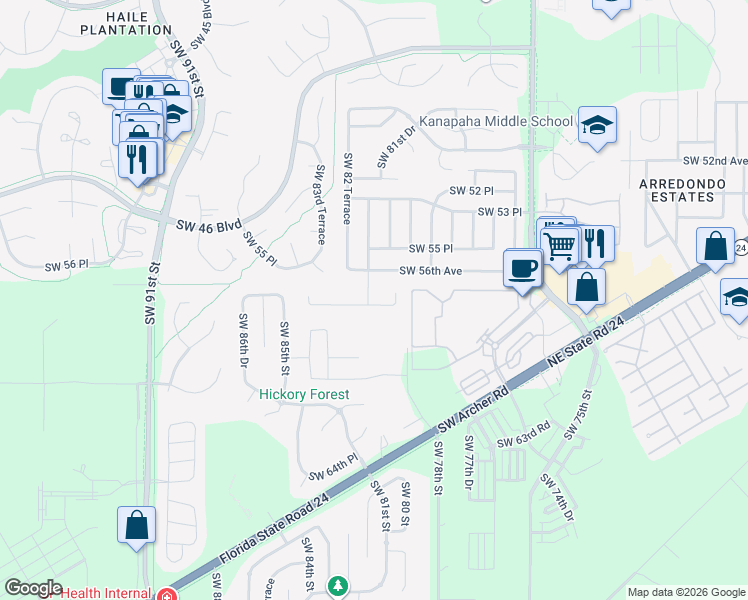 map of restaurants, bars, coffee shops, grocery stores, and more near 8124 Southwest 57 Place in Gainesville