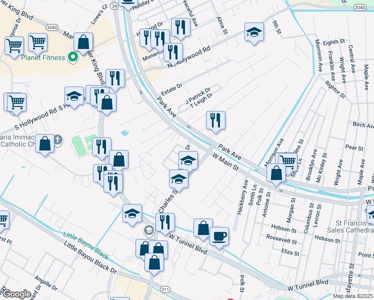map of restaurants, bars, coffee shops, grocery stores, and more near 201 Stadium Drive in Houma