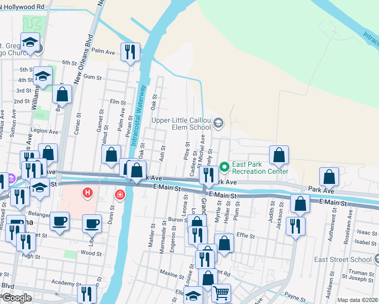 map of restaurants, bars, coffee shops, grocery stores, and more near 156 Pitre Street in Houma