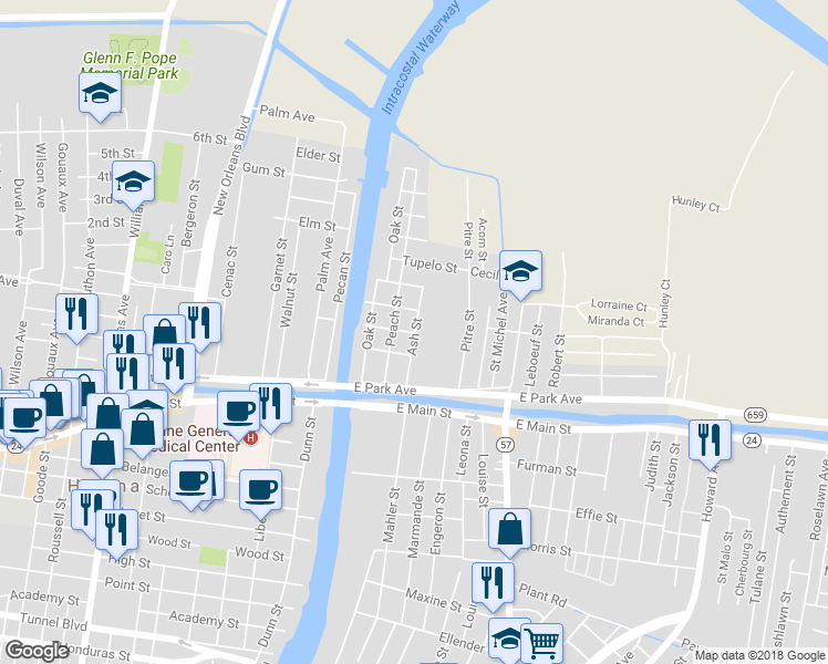 map of restaurants, bars, coffee shops, grocery stores, and more near 8344 Louvenia Street in Houma