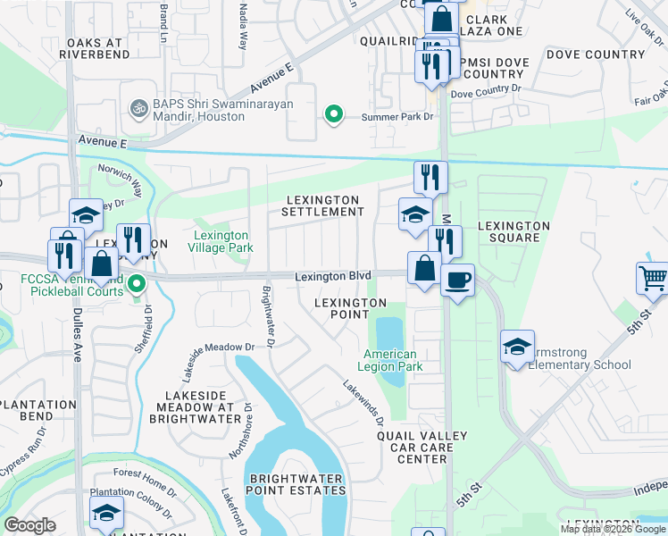 map of restaurants, bars, coffee shops, grocery stores, and more near 1250 Mountain Lake Drive in Missouri City