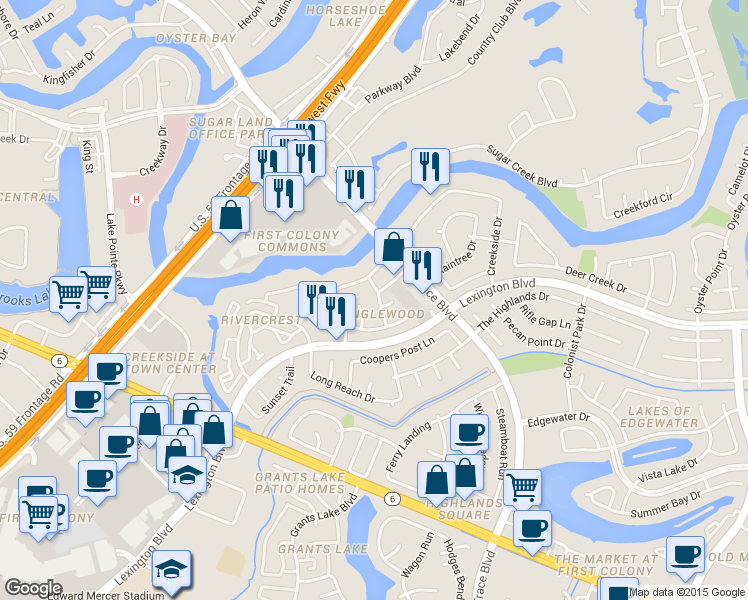 map of restaurants, bars, coffee shops, grocery stores, and more near 1702 Marden Lane in Sugar Land