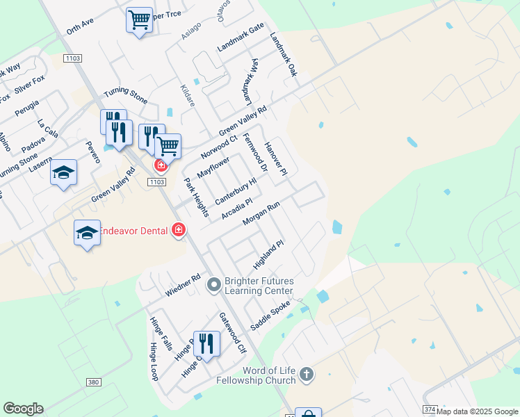map of restaurants, bars, coffee shops, grocery stores, and more near 412 Morgan Run in Cibolo