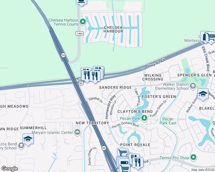 map of restaurants, bars, coffee shops, grocery stores, and more near 5523 Whisper Ridge Drive in Sugar Land