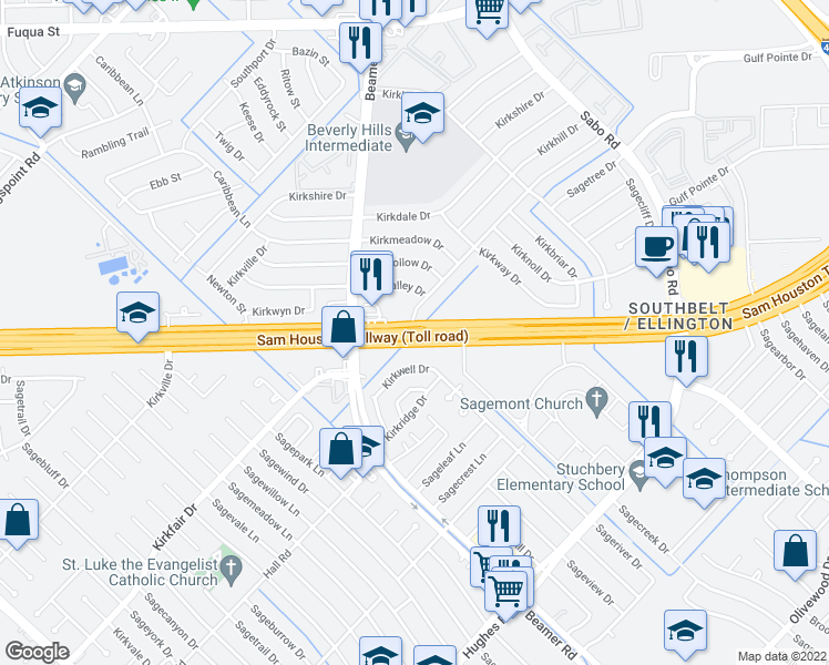 map of restaurants, bars, coffee shops, grocery stores, and more near Sam Houston Tollway in Houston
