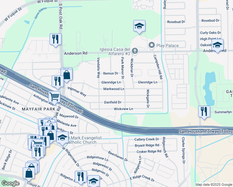 map of restaurants, bars, coffee shops, grocery stores, and more near 5118 Ingomar Way in Houston