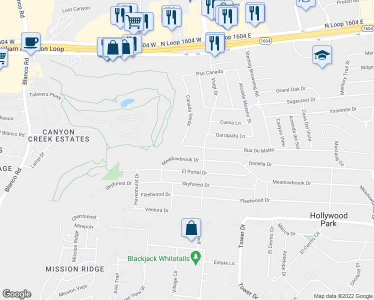 map of restaurants, bars, coffee shops, grocery stores, and more near 612 Rua De Matta in San Antonio
