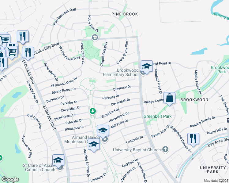 map of restaurants, bars, coffee shops, grocery stores, and more near 16310 Dunmoor Drive in Houston