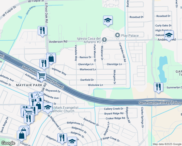 map of restaurants, bars, coffee shops, grocery stores, and more near 5118 Ingomar Way in Houston