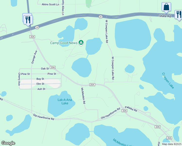 map of restaurants, bars, coffee shops, grocery stores, and more near 111 Lake Annie Lane in Hawthorne