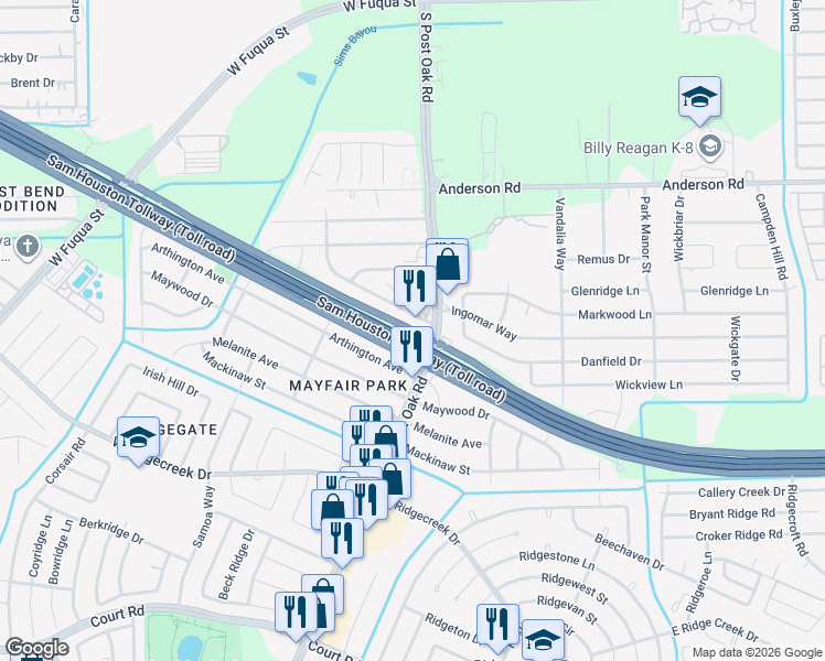 map of restaurants, bars, coffee shops, grocery stores, and more near 5147 South Sam Houston Parkway West in Houston