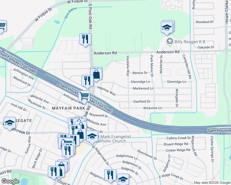 map of restaurants, bars, coffee shops, grocery stores, and more near 5314 Ingomar Way in Houston