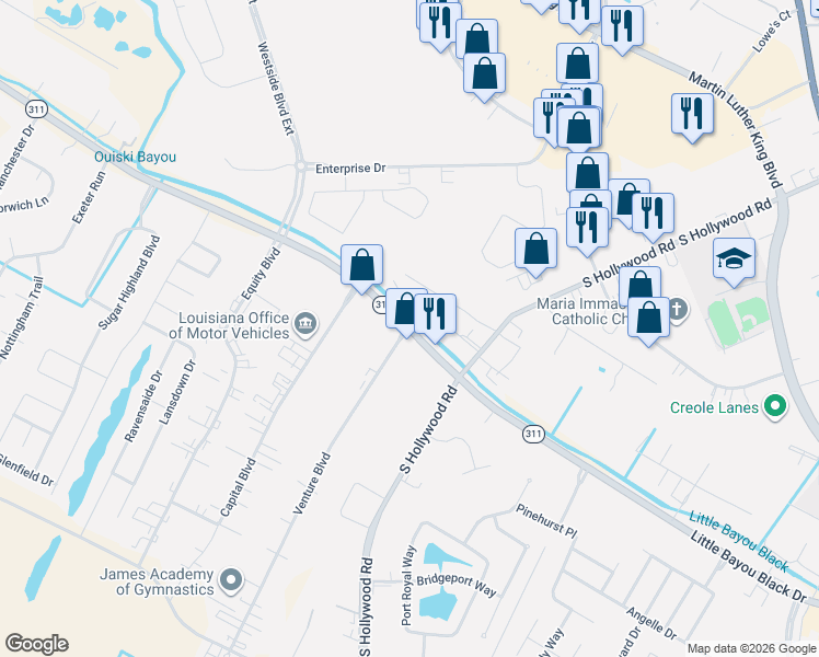 map of restaurants, bars, coffee shops, grocery stores, and more near Highway 311 in Schriever