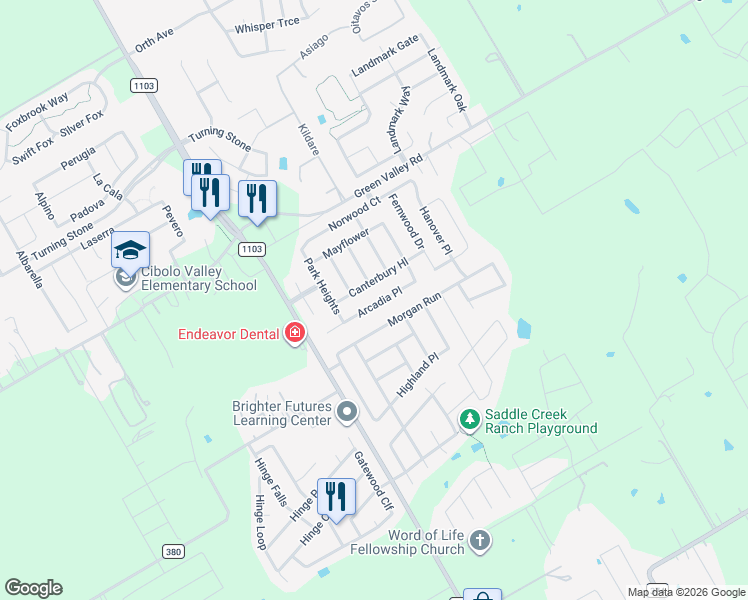 map of restaurants, bars, coffee shops, grocery stores, and more near 238 Arcadia Place in Cibolo
