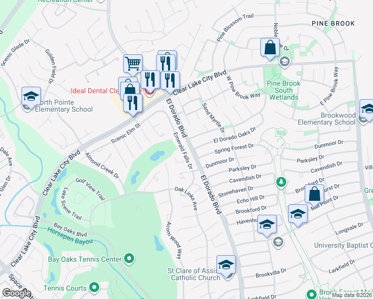 map of restaurants, bars, coffee shops, grocery stores, and more near 3726 Emerald Falls Drive in Houston