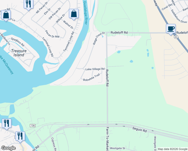 map of restaurants, bars, coffee shops, grocery stores, and more near 124 Bobwhite Trail in Seguin