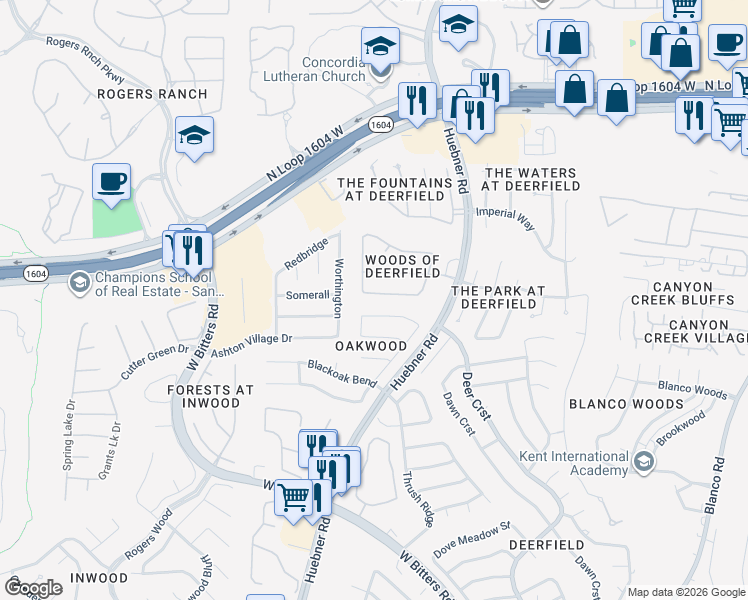 map of restaurants, bars, coffee shops, grocery stores, and more near 2234 Fawnfield Ln in San Antonio