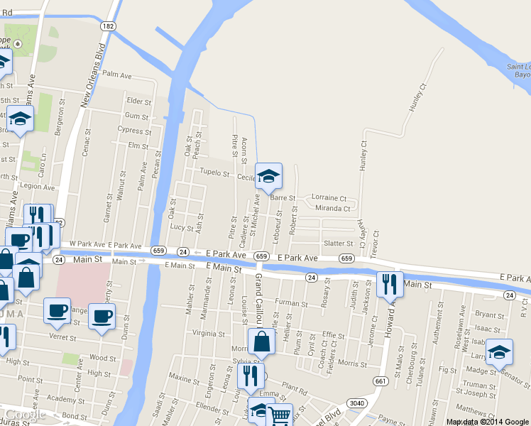 map of restaurants, bars, coffee shops, grocery stores, and more near 8453 Nick Street in Houma
