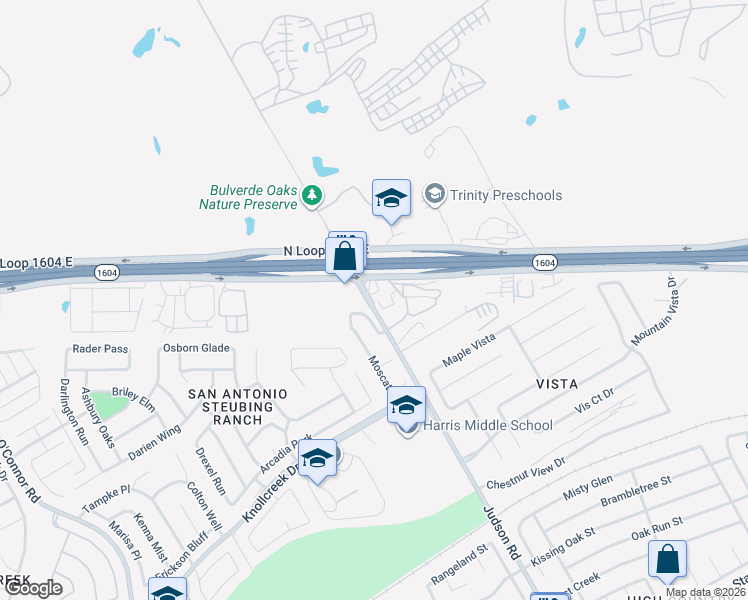map of restaurants, bars, coffee shops, grocery stores, and more near 17474 Judson Road in San Antonio