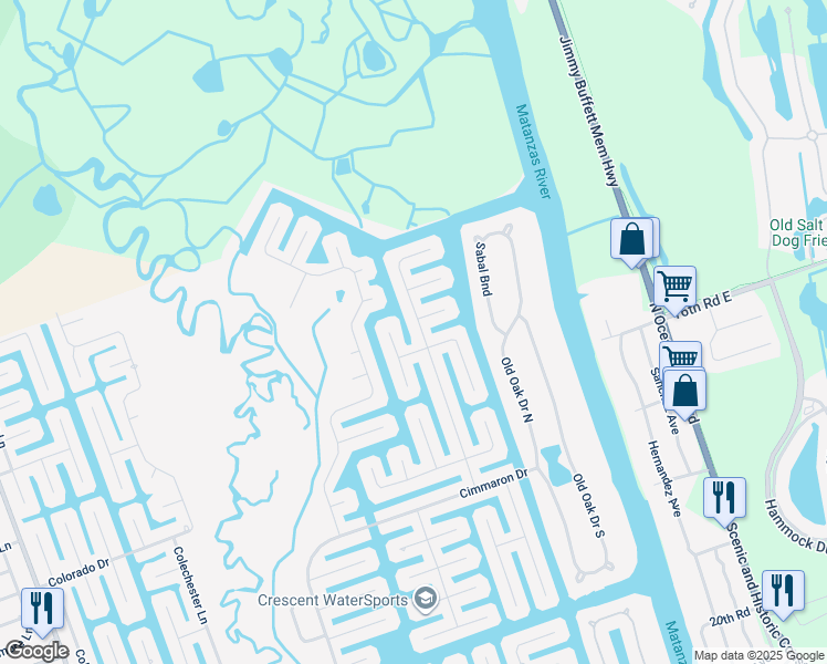 map of restaurants, bars, coffee shops, grocery stores, and more near 55 Comanche Court in Palm Coast