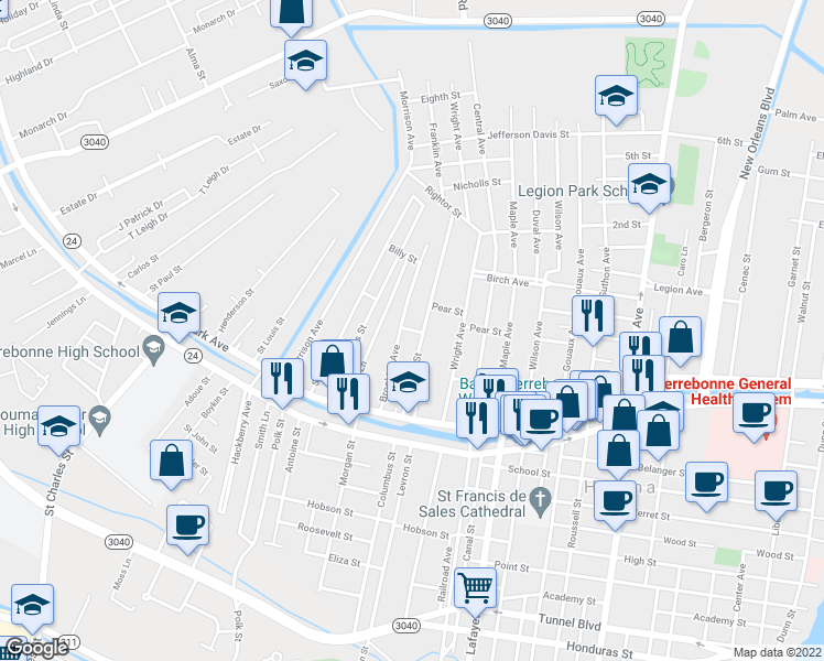 map of restaurants, bars, coffee shops, grocery stores, and more near 203 Robbie Street in Houma