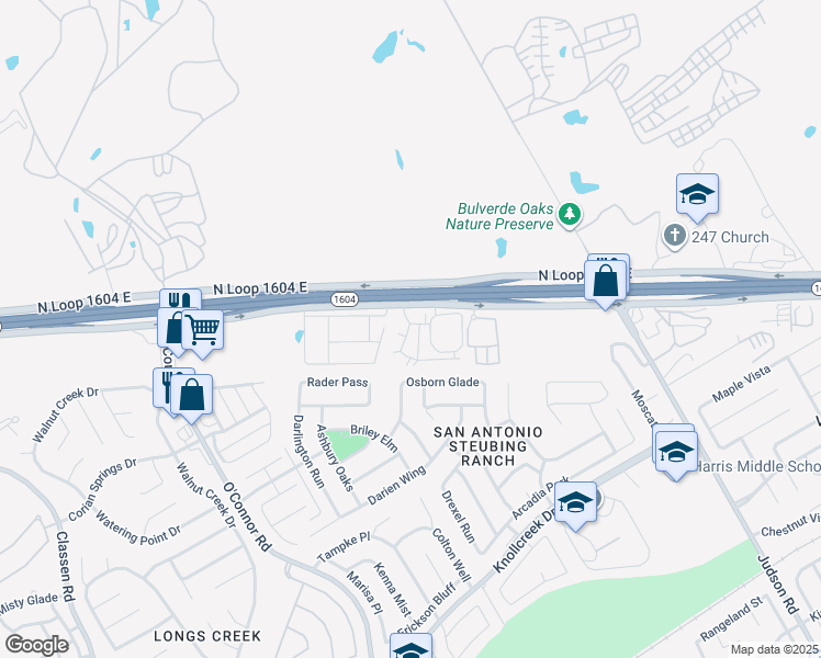 map of restaurants, bars, coffee shops, grocery stores, and more near 4438-4898 North Loop 1604 East in San Antonio