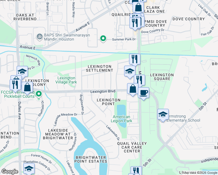 map of restaurants, bars, coffee shops, grocery stores, and more near 1250 Mountain Lake Drive in Missouri City