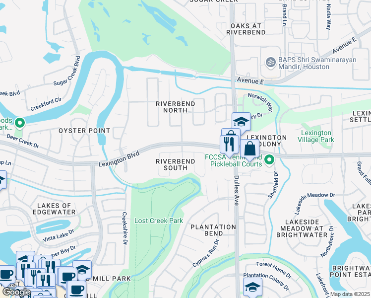 map of restaurants, bars, coffee shops, grocery stores, and more near 4403 Canadian River Drive in Sugar Land