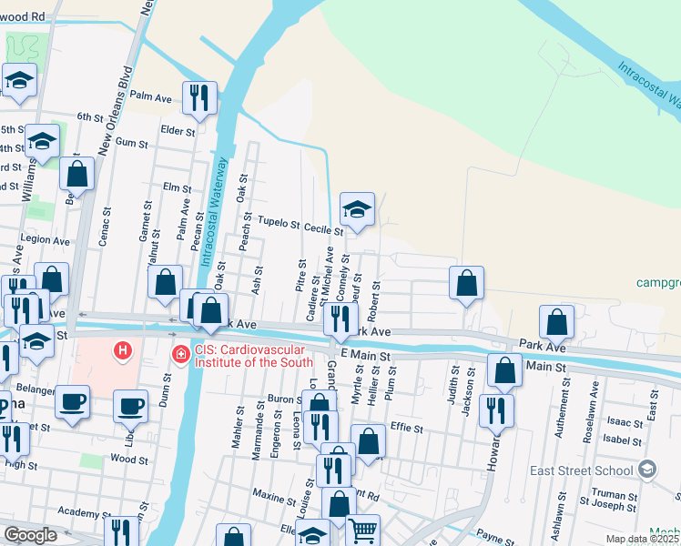 map of restaurants, bars, coffee shops, grocery stores, and more near 8453 Nick Street in Houma