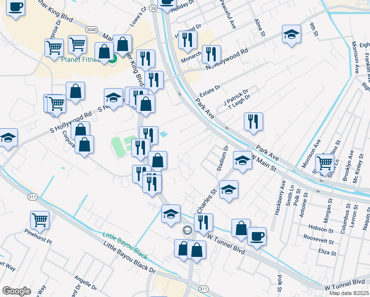 map of restaurants, bars, coffee shops, grocery stores, and more near 172 Jennings Lane in Houma