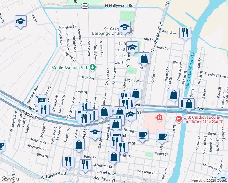 map of restaurants, bars, coffee shops, grocery stores, and more near 202 Suthon Avenue in Houma