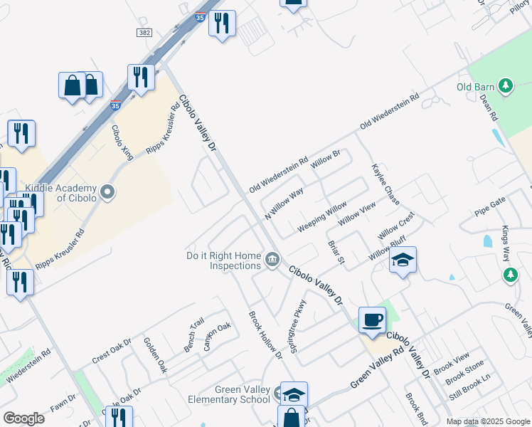 map of restaurants, bars, coffee shops, grocery stores, and more near 116 Bridge Crossing in Cibolo