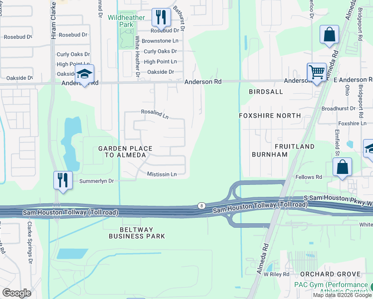 map of restaurants, bars, coffee shops, grocery stores, and more near 3803 Aurora Mist Lane in Houston