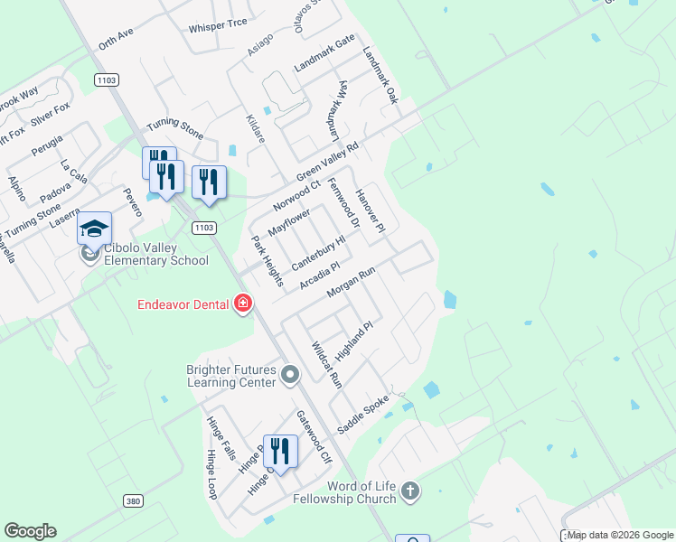 map of restaurants, bars, coffee shops, grocery stores, and more near 412 Morgan Run in Cibolo