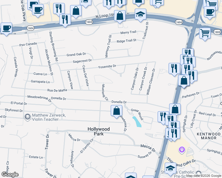 map of restaurants, bars, coffee shops, grocery stores, and more near 223 Rua De Matta in San Antonio