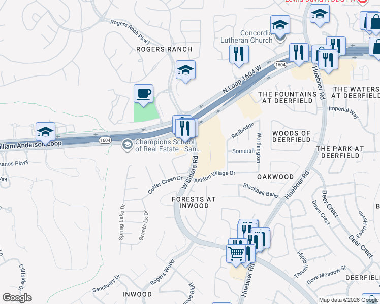 map of restaurants, bars, coffee shops, grocery stores, and more near 1 Lindquist in San Antonio