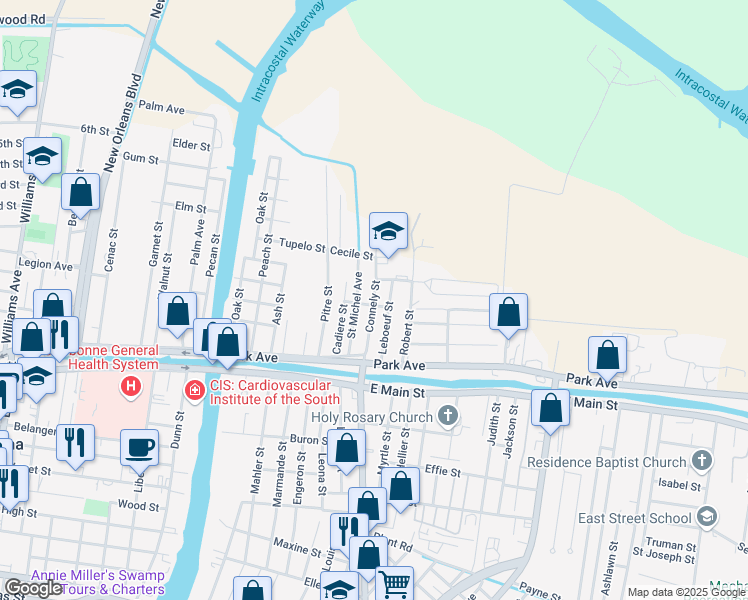 map of restaurants, bars, coffee shops, grocery stores, and more near 222 Connely Street in Houma
