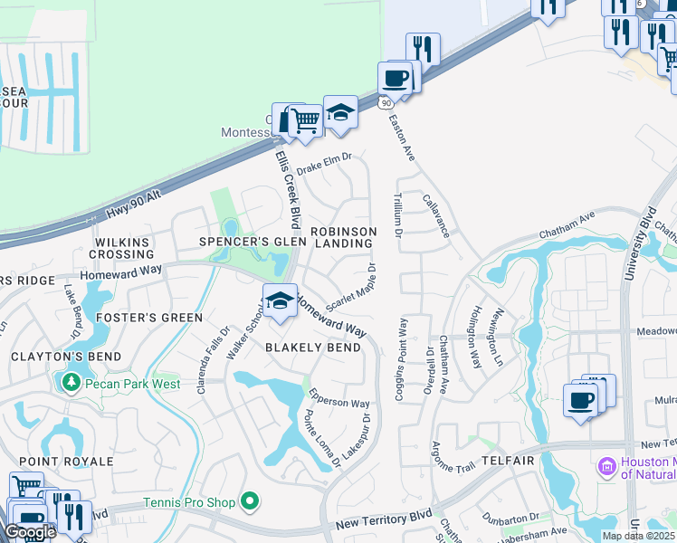 map of restaurants, bars, coffee shops, grocery stores, and more near 6402 Smoke Tree Lane in Sugar Land