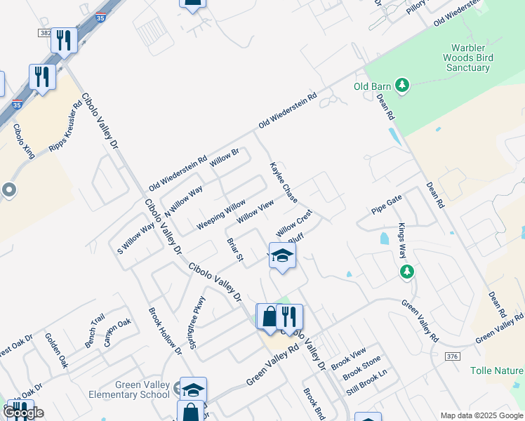 map of restaurants, bars, coffee shops, grocery stores, and more near 104 Cypress Willow in Cibolo