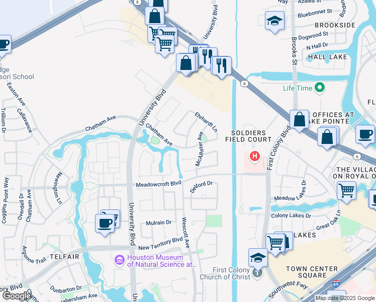 map of restaurants, bars, coffee shops, grocery stores, and more near 227 Chatham Avenue in Sugar Land