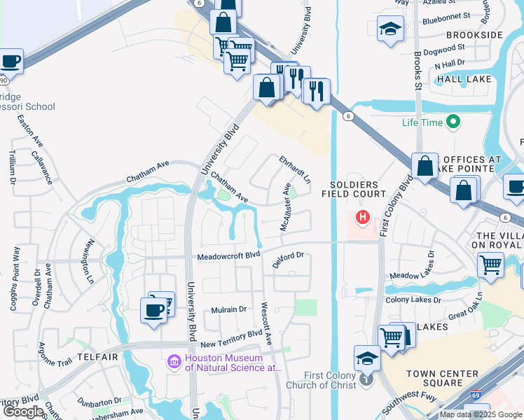 map of restaurants, bars, coffee shops, grocery stores, and more near 227 Chatham Avenue in Sugar Land